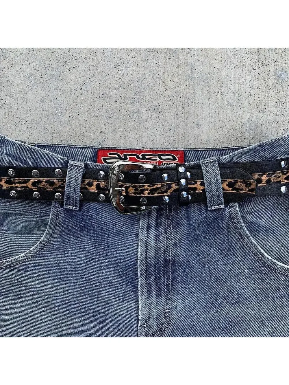 Cheetah print studded silver belt buckle belt. Punk gothic y2k style. 37 inches
